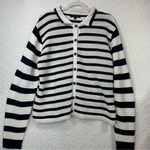 Joseph A. Navy Striped Eyelet Knit Collared Button Down Cardigan Women’s Size XL